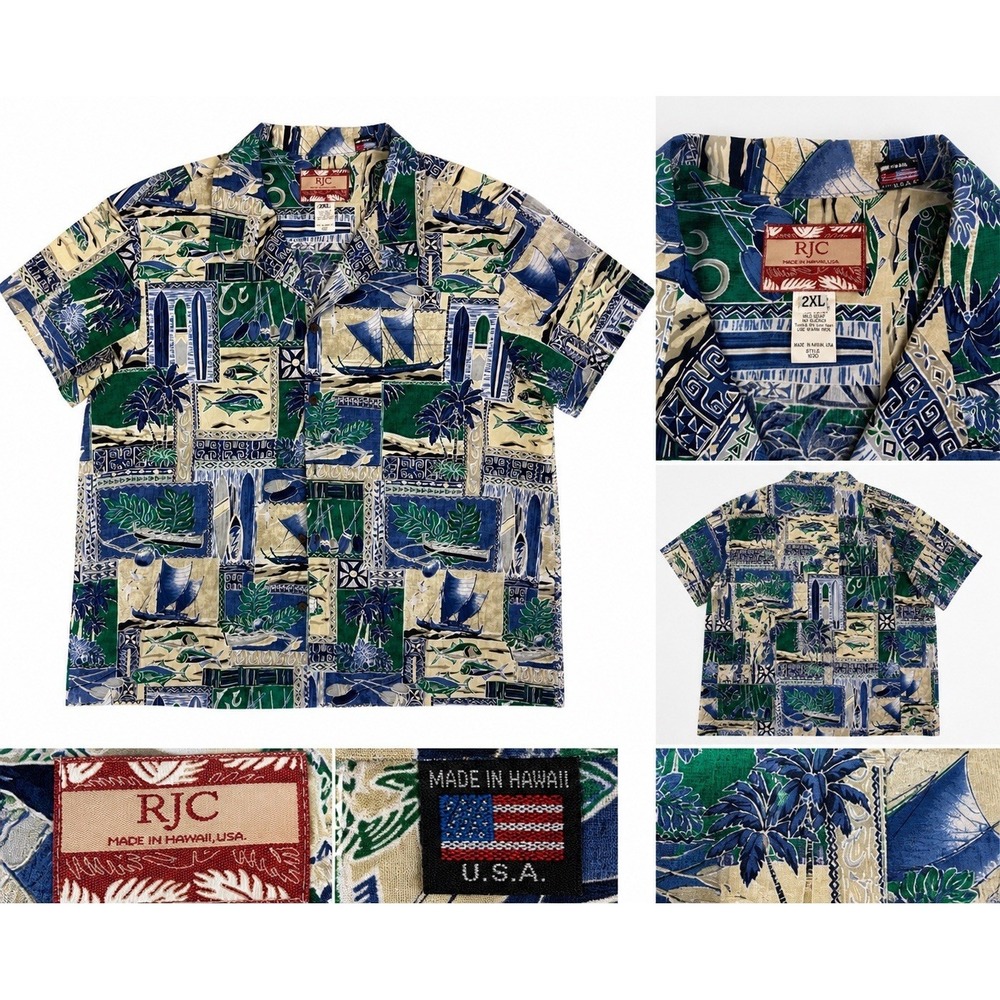 RJC Hawaiian Shirt Mens 2XL Blue Green Tropical Sailboat Surfboard Made in USA